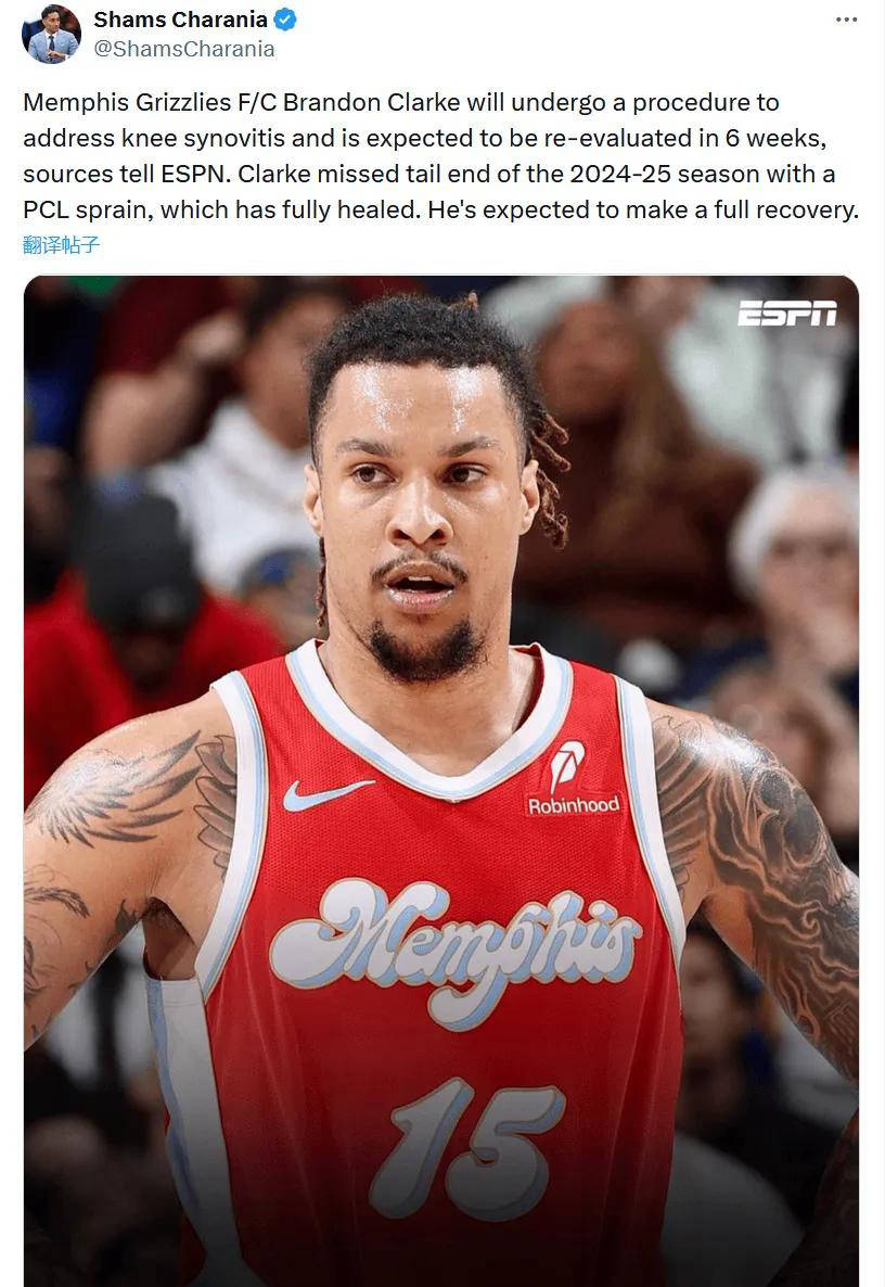 关于灰熊队中锋受伤，恐缺阵一周的信息